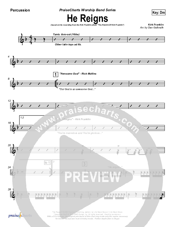 He Reigns (with Awesome God) Percussion (Kirk Franklin)