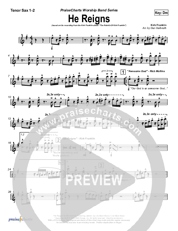 He Reigns (with Awesome God) Tenor Sax 1/2 (Kirk Franklin)