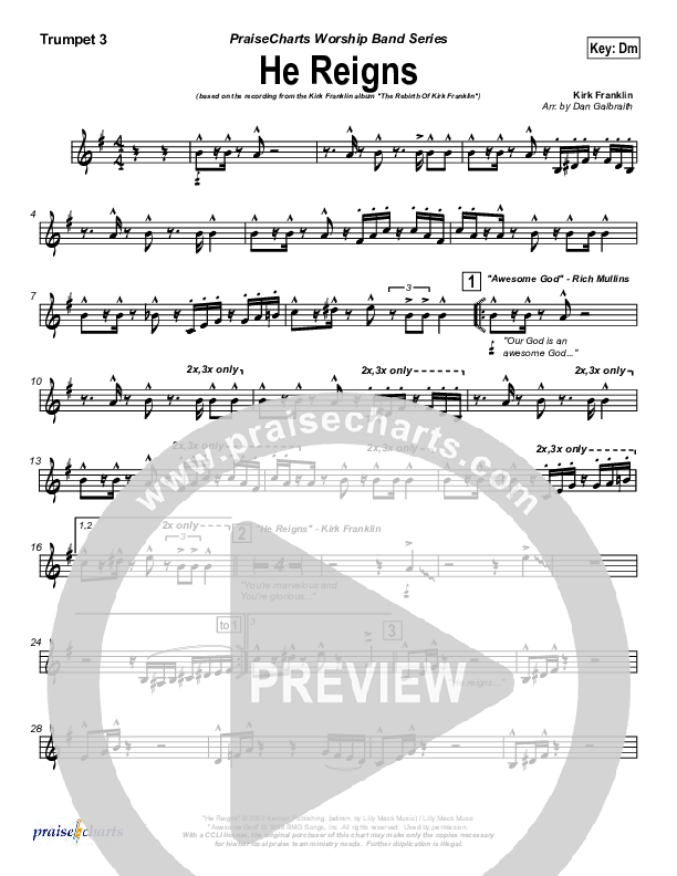 He Reigns (with Awesome God) Trumpet 3 (Kirk Franklin)