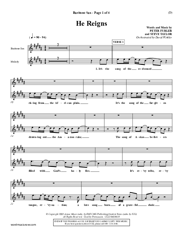 He Reigns Bari Sax (Newsboys)