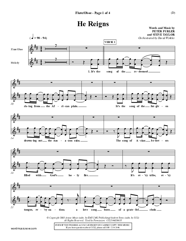 He Reigns Flute/Oboe (Newsboys)