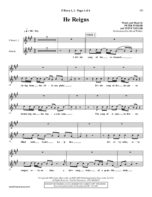 He Reigns French Horn 1/2 (Newsboys)