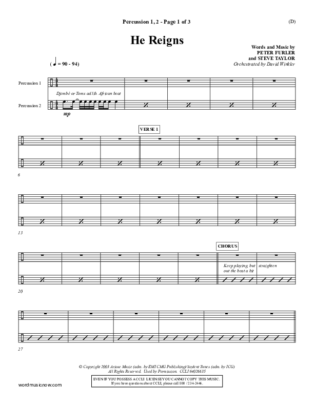 He Reigns Percussion 1/2 (Newsboys)