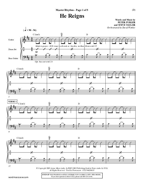 He Reigns Rhythm Chart (Newsboys)