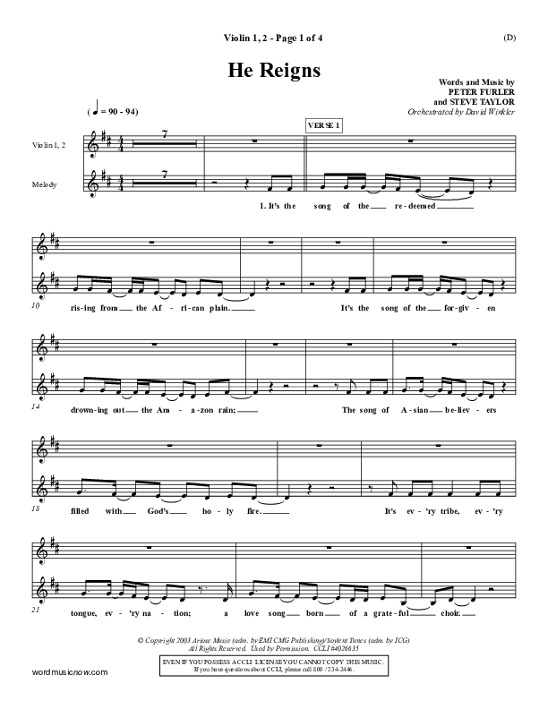 He Reigns Violin 1/2 (Newsboys)