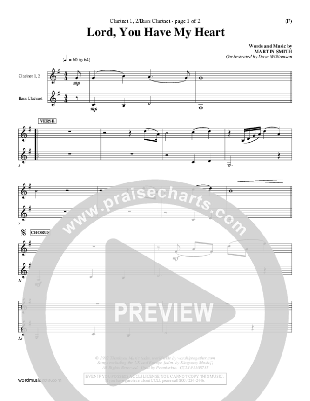 Lord You Have My Heart Clarinet 1/2, Bass Clarinet (Delirious)