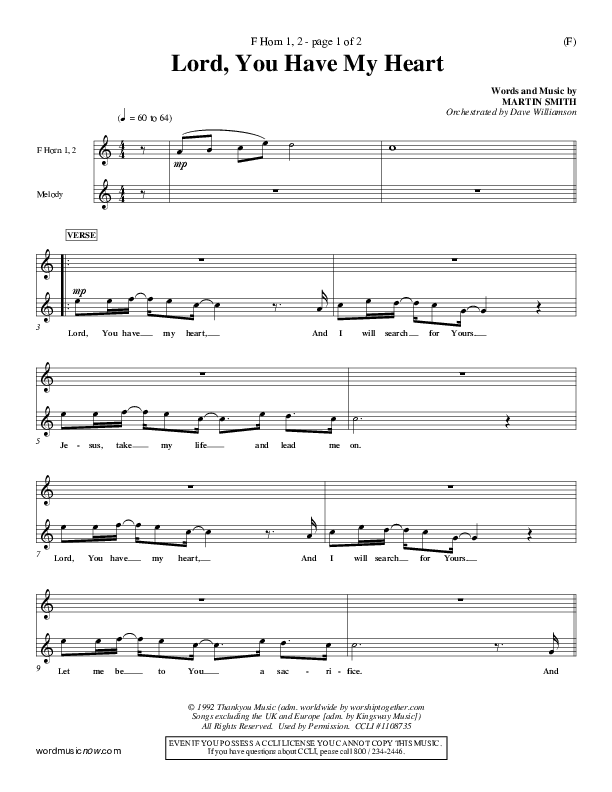 Lord You Have My Heart French Horn 1/2 (Delirious)