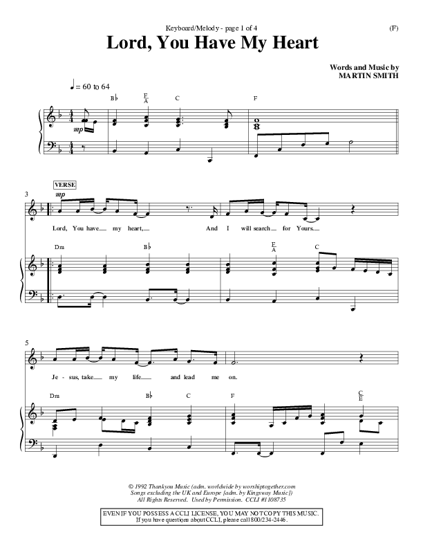 Lord You Have My Heart Lead Sheet (Delirious)