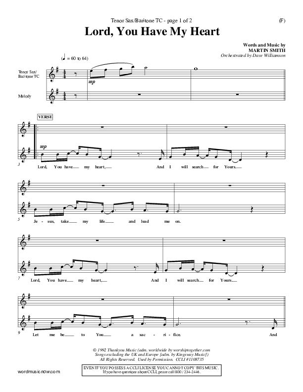 Lord You Have My Heart Tenor Sax/Baritone T.C. (Delirious)