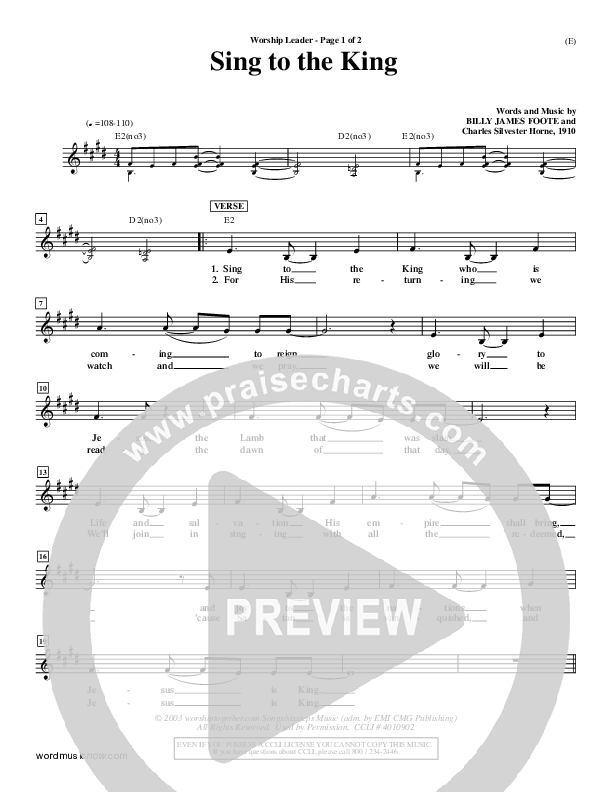 Sing To The King Lead Sheet (Billy Foote)