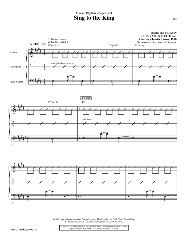 Sing To The King Rhythm Chart (Billy Foote)