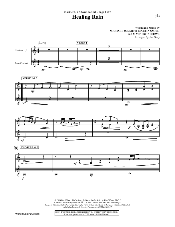 Healing Rain Clarinet 1/2, Bass Clarinet (Michael W. Smith)