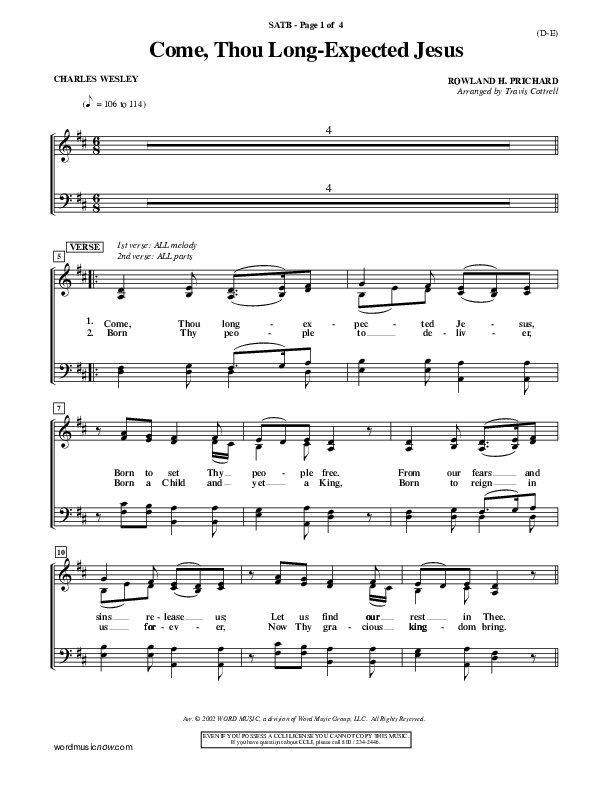 Come Thou Long Expected Jesus Choir Sheet (SATB) ()