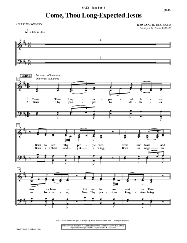 Come Thou Long Expected Jesus Choir Vocals (SATB) ()