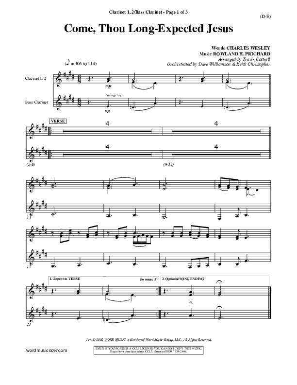 Come Thou Long Expected Jesus Clarinet 1/2, Bass Clarinet ()