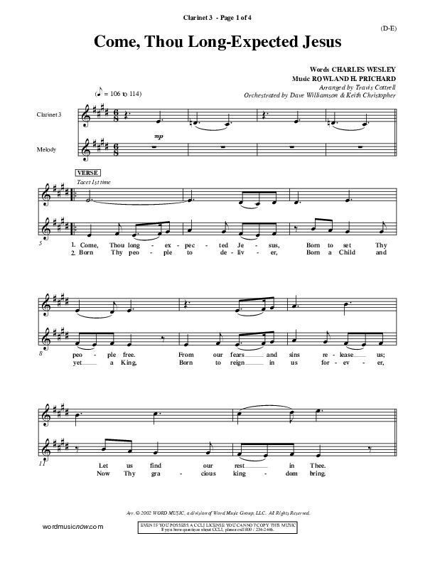 Come Thou Long Expected Jesus Clarinet 3 ()