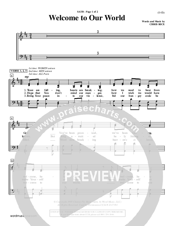 Welcome To Our World Choir Sheet (SATB) (Chris Rice)