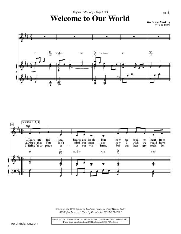Welcome To Our World Piano Sheet (Chris Rice)