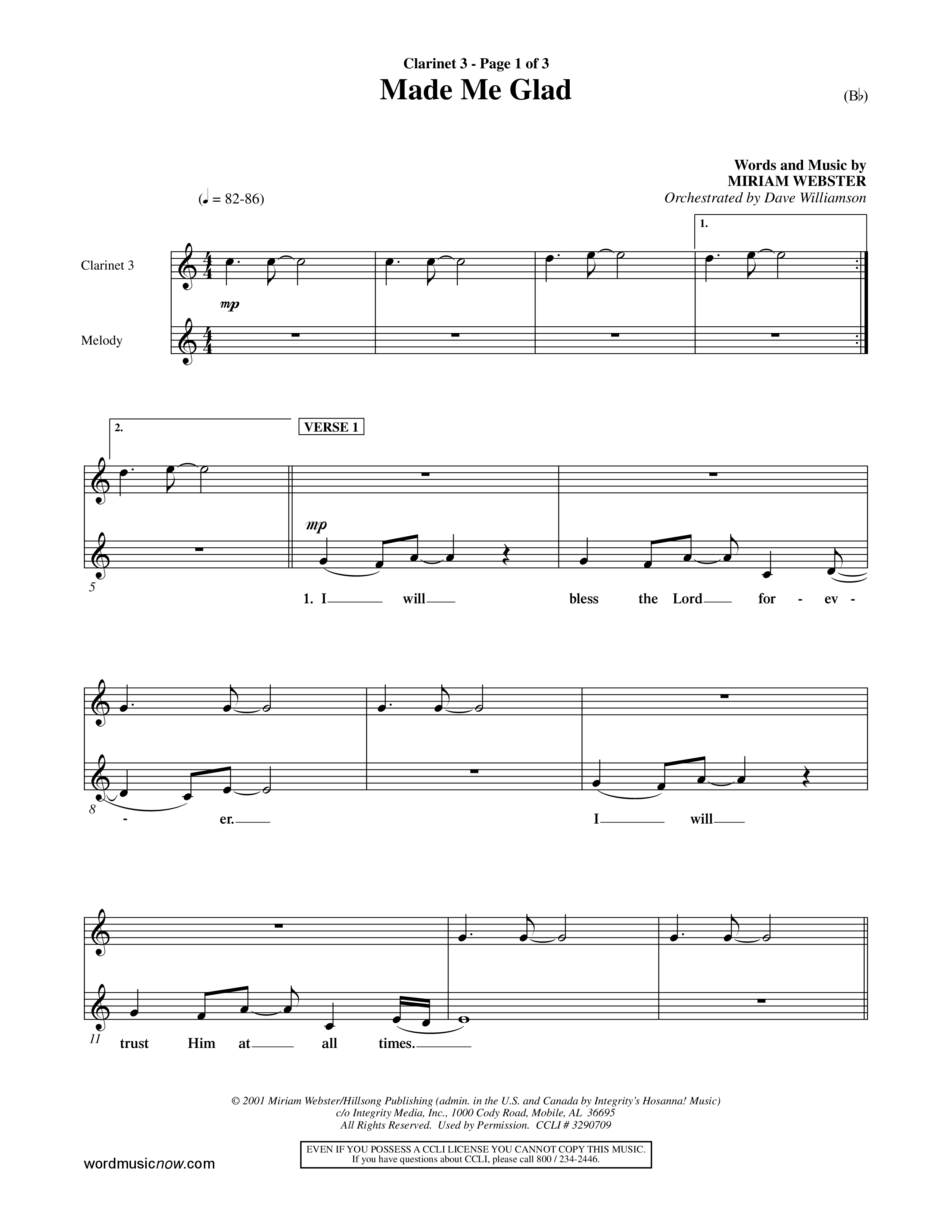 Made Me Glad (Choral Anthem SATB) Clarinet 3 (Word Music Choral / Orch. Dave Williamson)