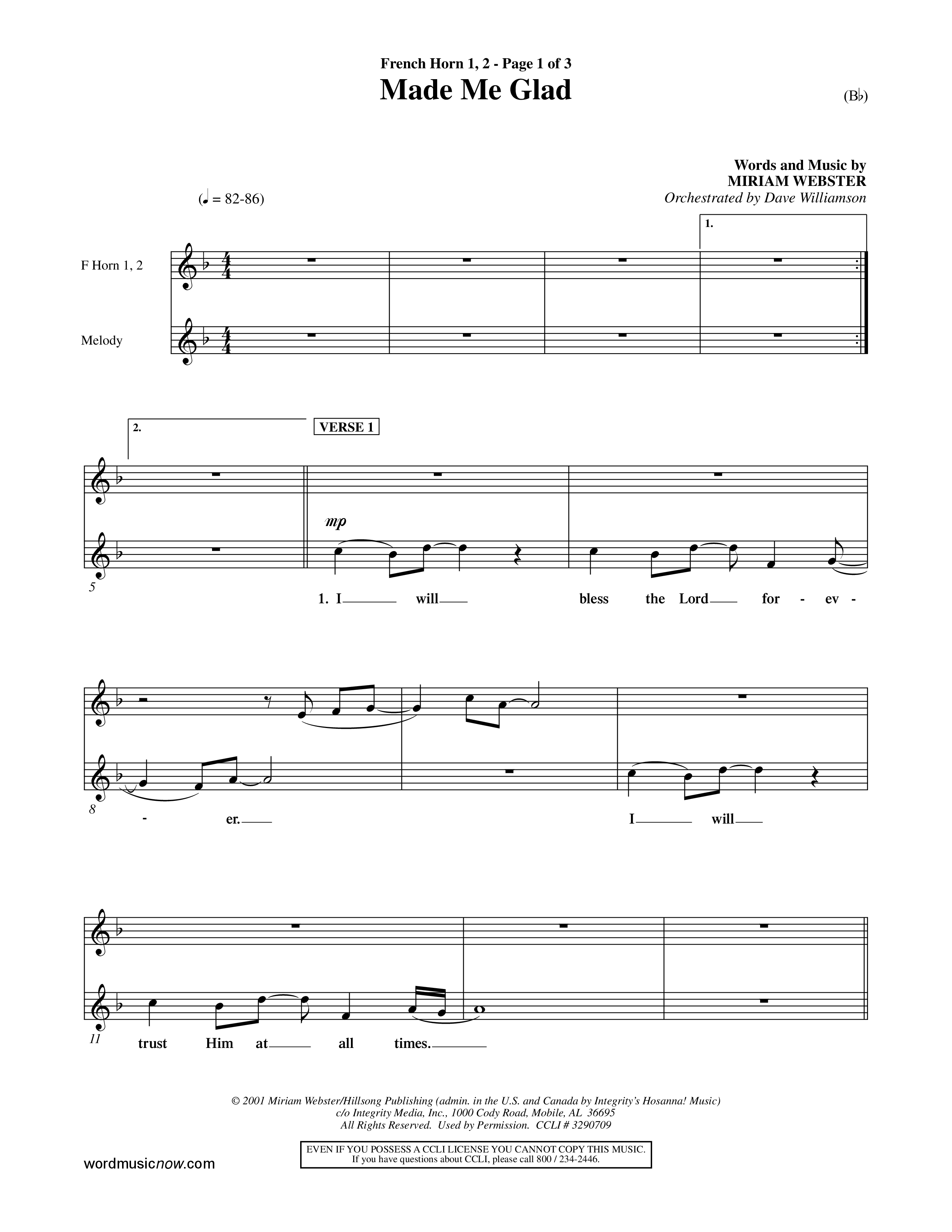 Made Me Glad (Choral Anthem SATB) French Horn (Word Music Choral / Orch. Dave Williamson)