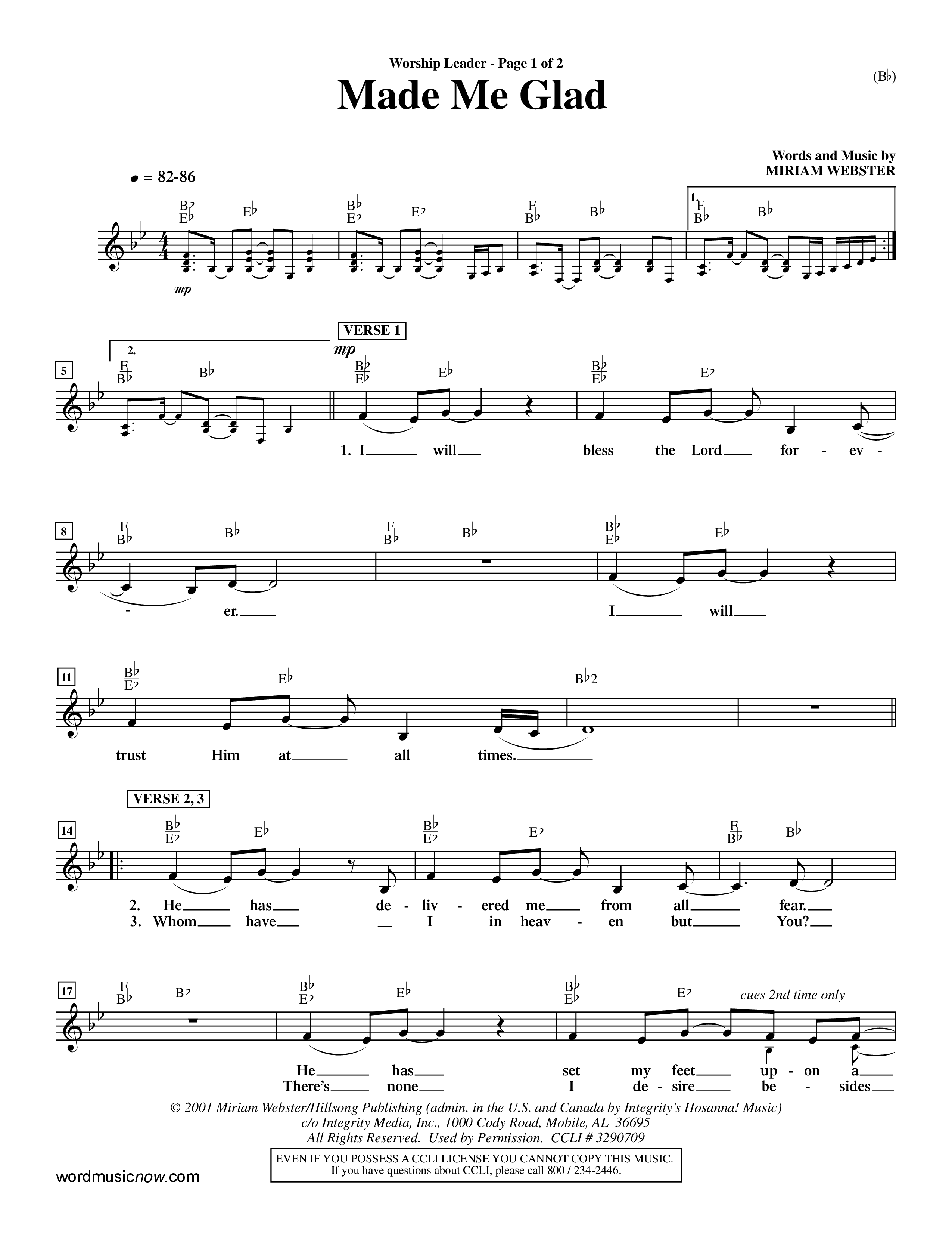 Made Me Glad (Choral Anthem SATB) Lead Sheet (Mel) (Word Music Choral / Orch. Dave Williamson)