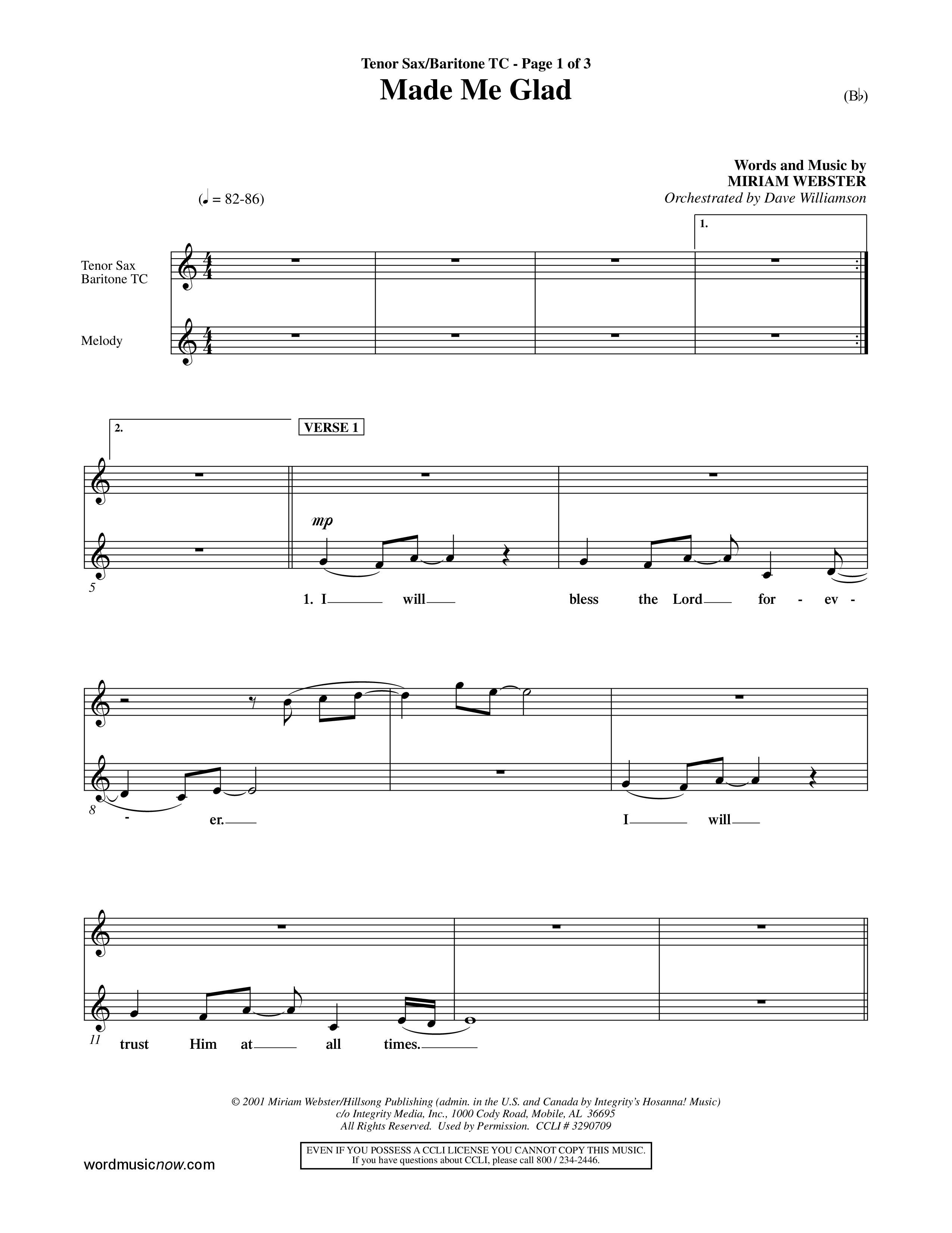 Made Me Glad (Choral Anthem SATB) Tenor Sax/Baritone T.C. (Word Music Choral / Orch. Dave Williamson)