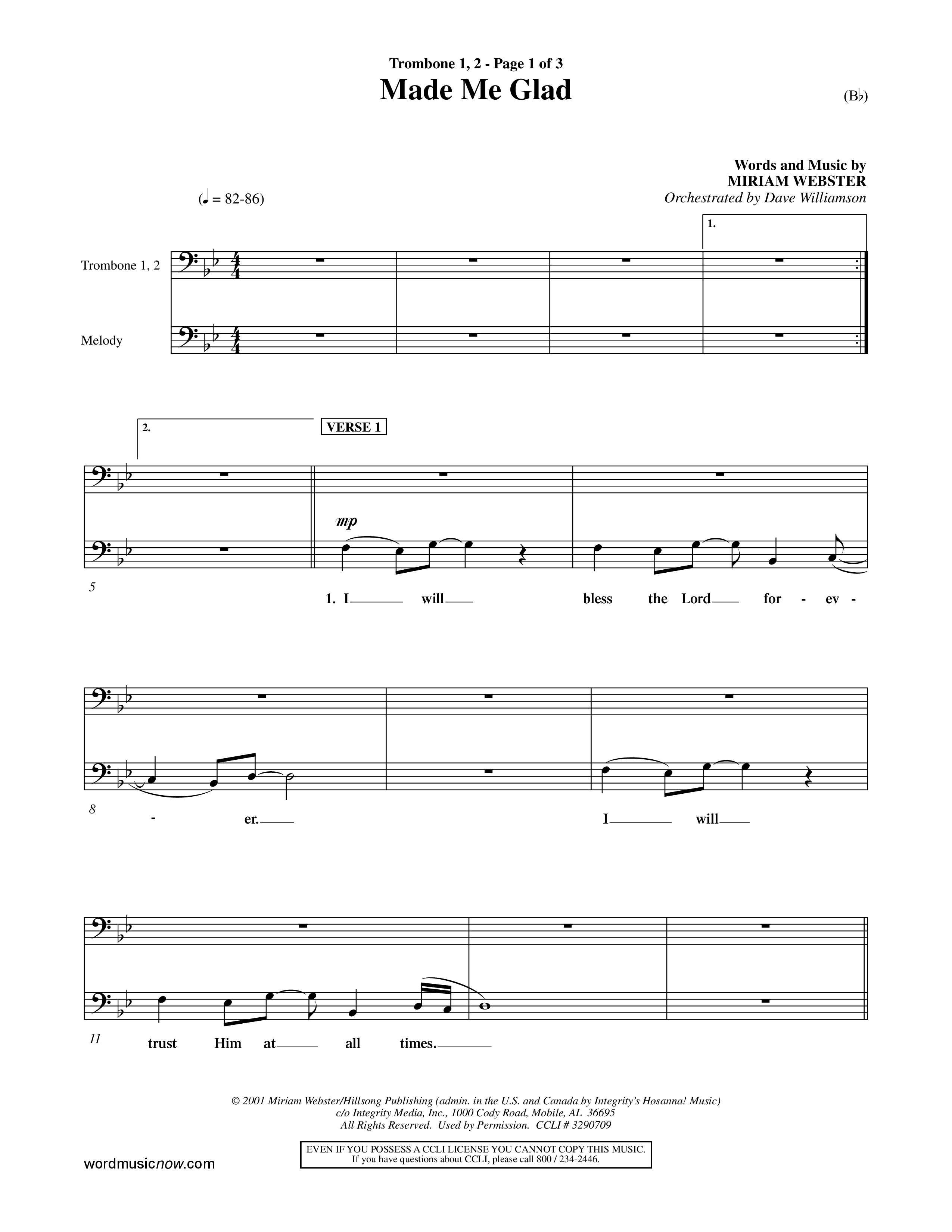 Made Me Glad (Choral Anthem SATB) Trombone 1/2 (Word Music Choral / Orch. Dave Williamson)