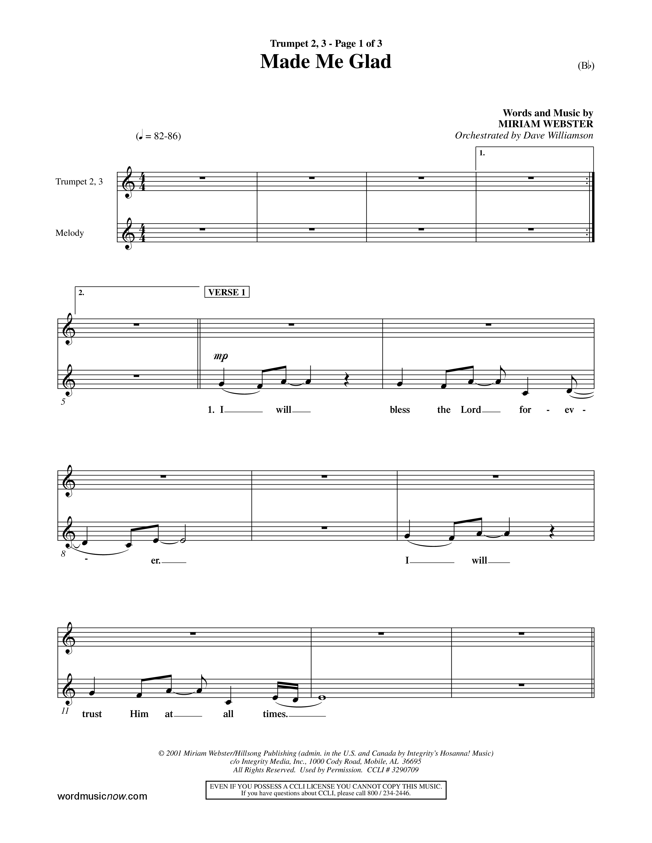 Made Me Glad (Choral Anthem SATB) Trumpet 2/3 (Word Music Choral / Orch. Dave Williamson)