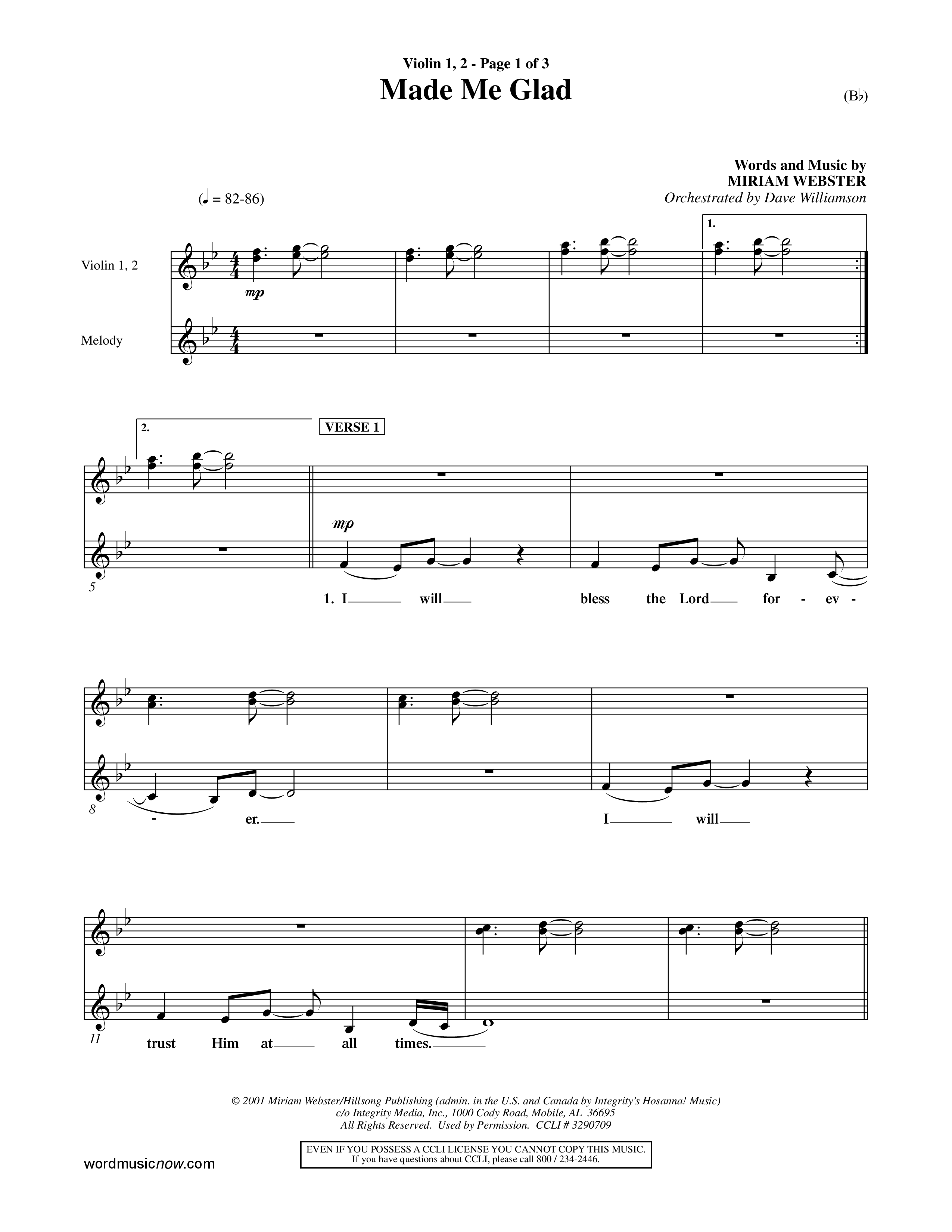 Made Me Glad (Choral Anthem SATB) Violin 1/2 (Word Music Choral / Orch. Dave Williamson)