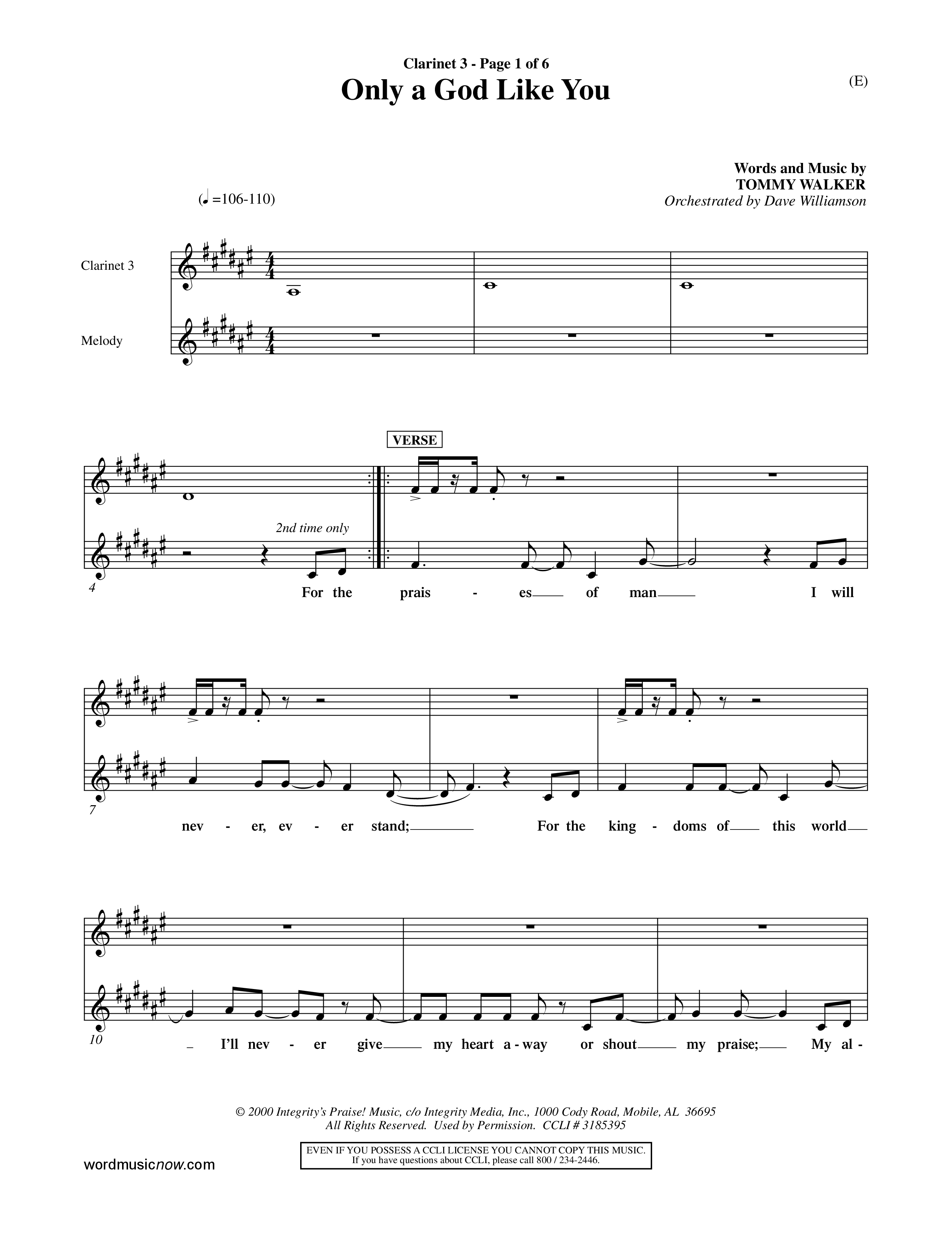 Only A God Like You (Choral Anthem SATB) Clarinet 3 (Word Music Choral / Orch. Dave Williamson)