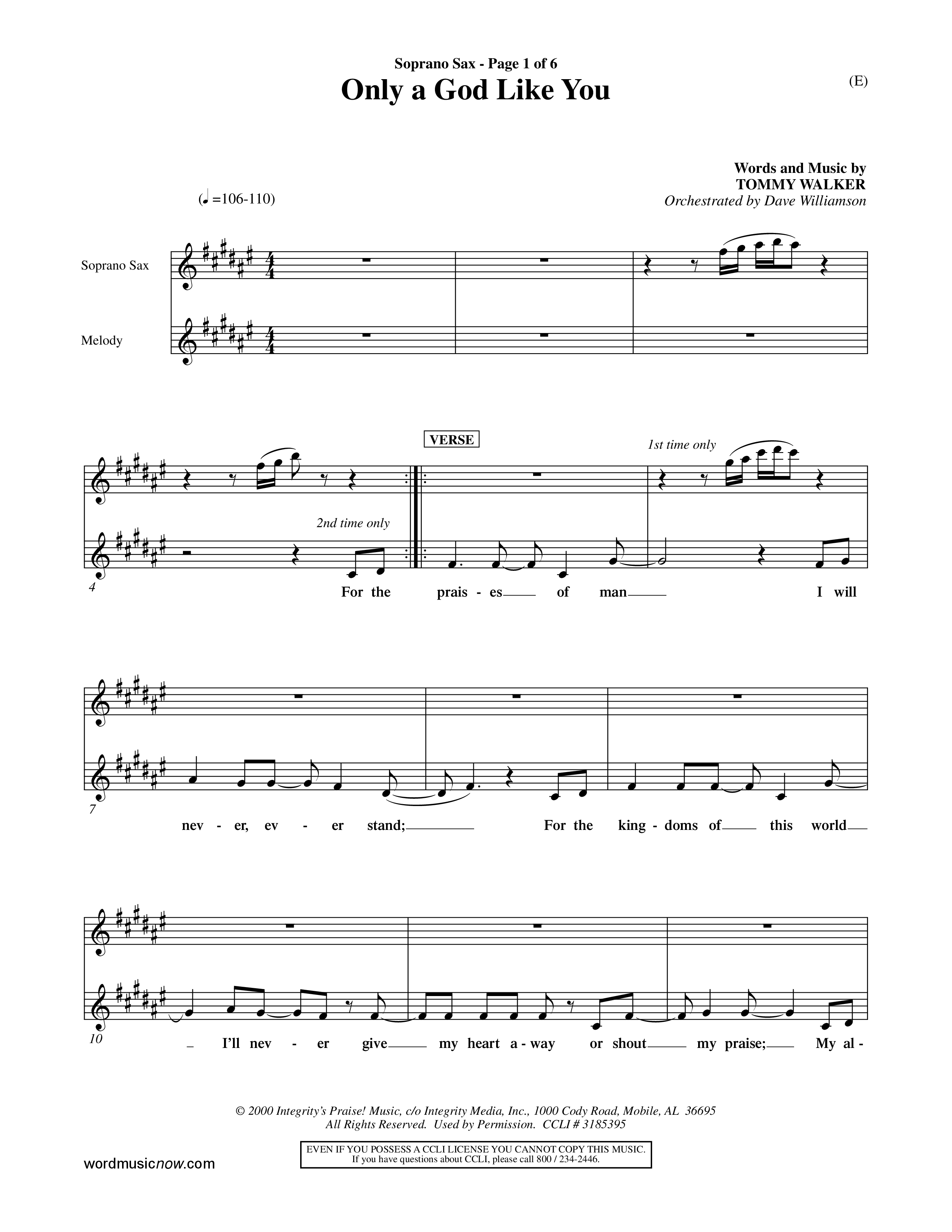 Only A God Like You (Choral Anthem SATB) Saxophone (Word Music Choral / Orch. Dave Williamson)