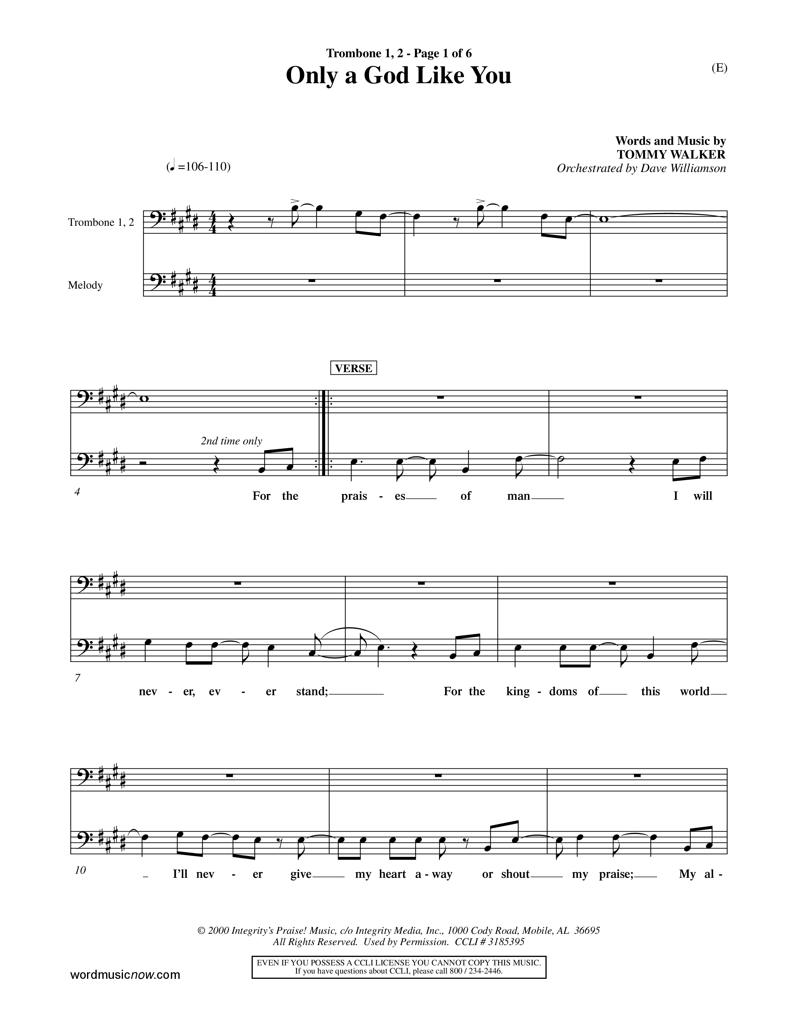 Only A God Like You (Choral Anthem SATB) Trombone 1/2 (Word Music Choral / Orch. Dave Williamson)