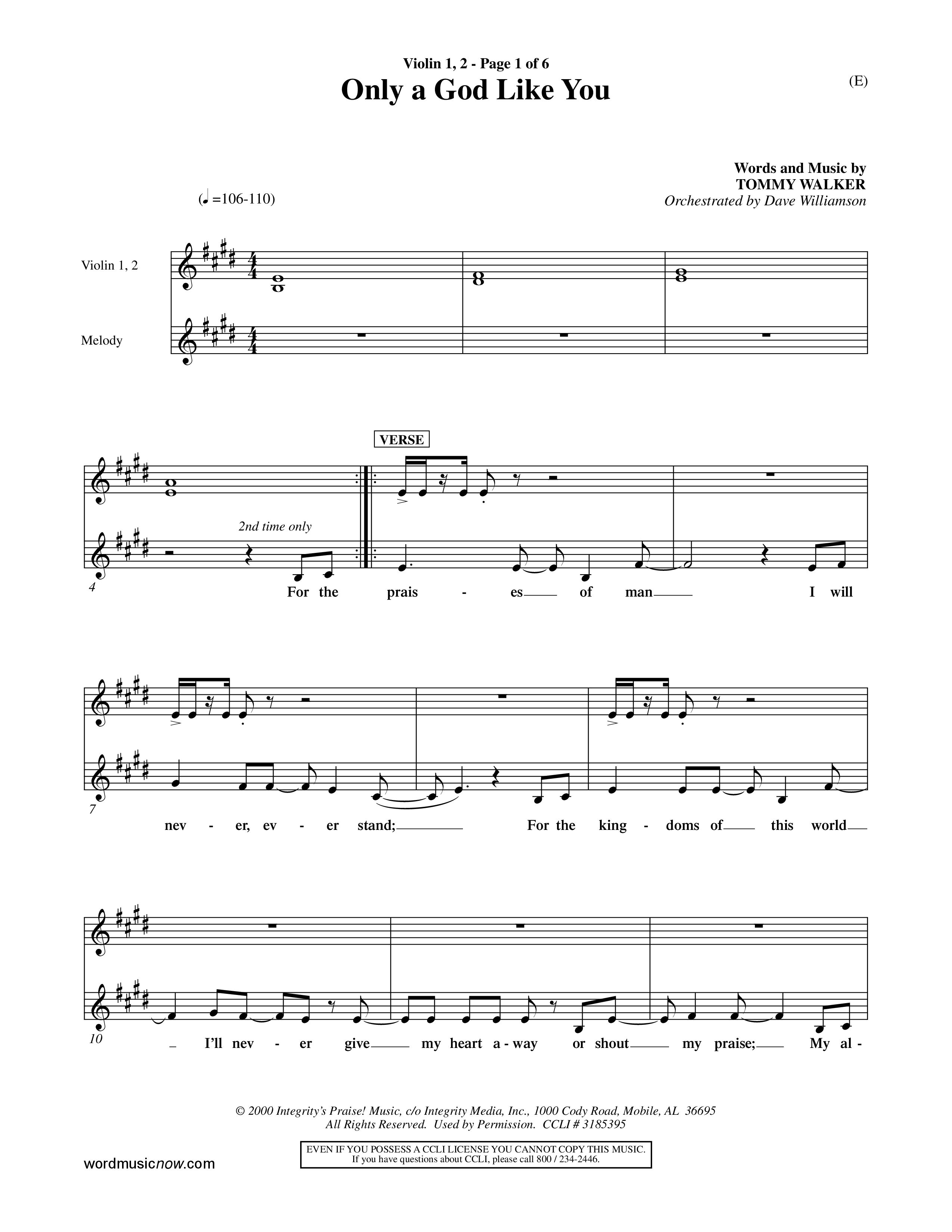 Only A God Like You (Choral Anthem SATB) Violin 1/2 (Word Music Choral / Orch. Dave Williamson)