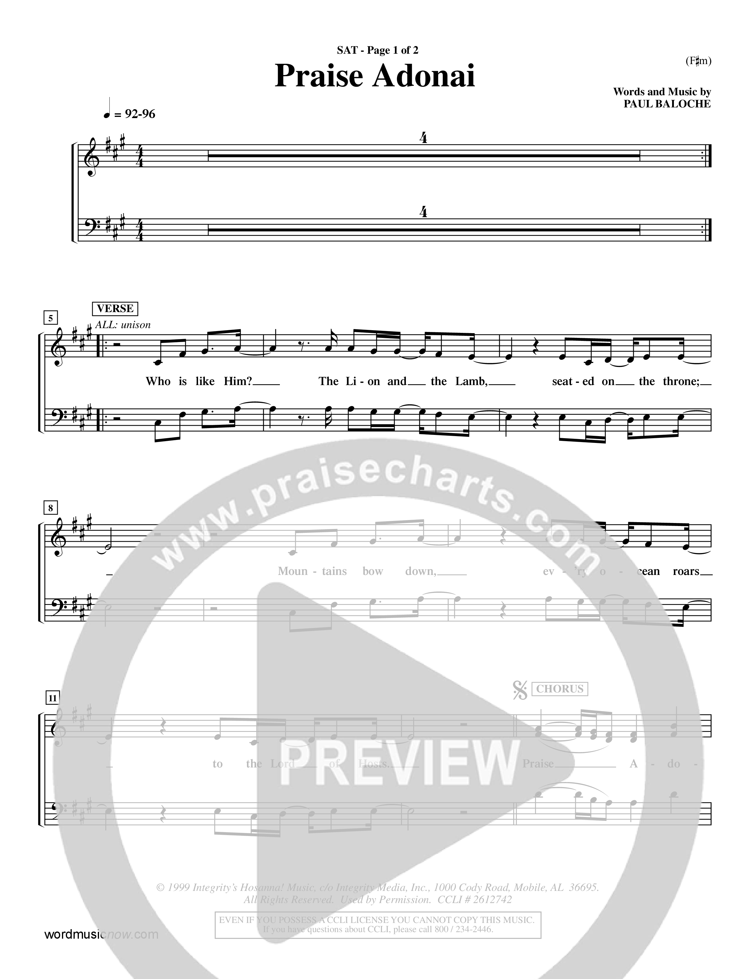 Praise Adonai (Choral Anthem SATB) Choir Sheet (SATB) (Word Music Choral / Orch. Dave Williamson)