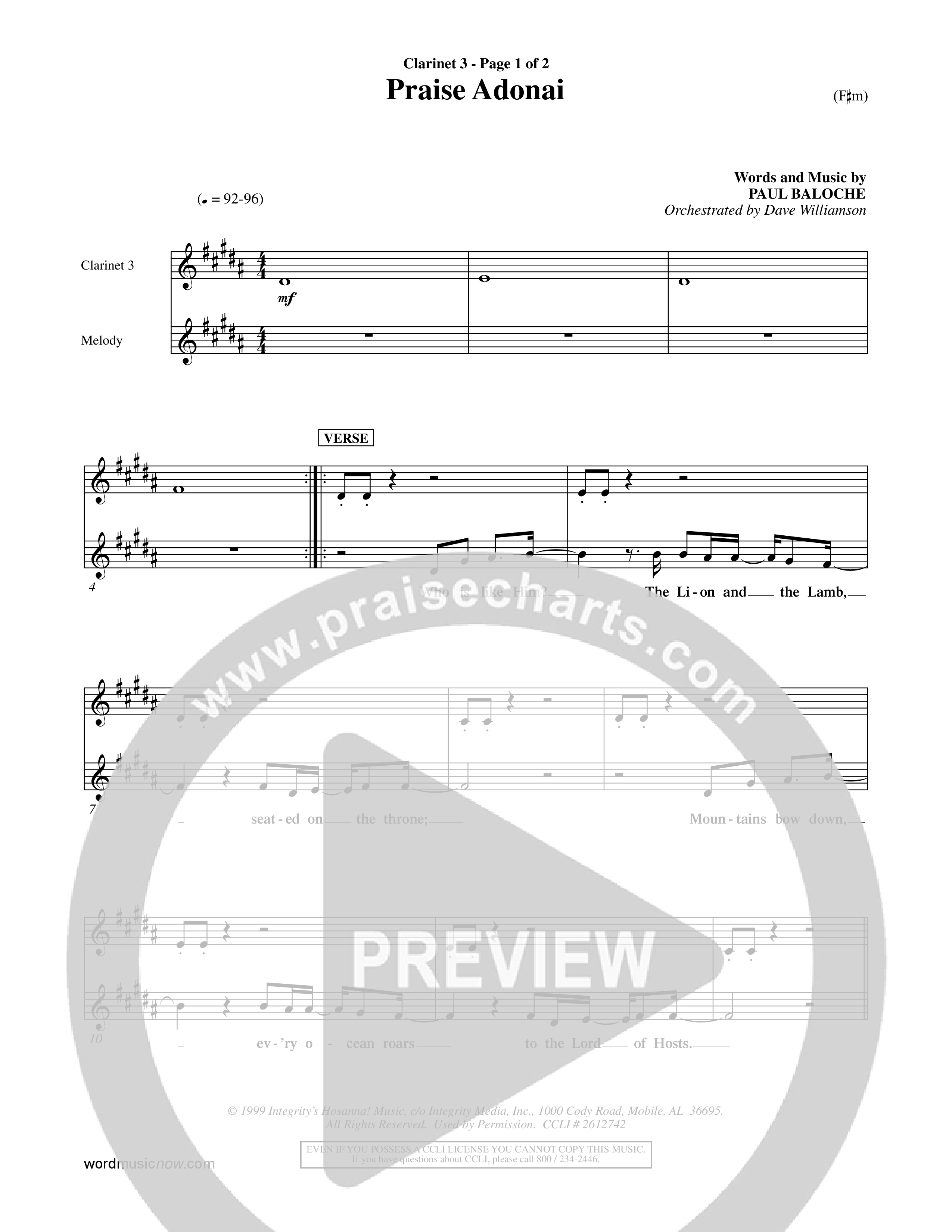 Praise Adonai (Choral Anthem SATB) Clarinet 3 (Word Music Choral / Orch. Dave Williamson)
