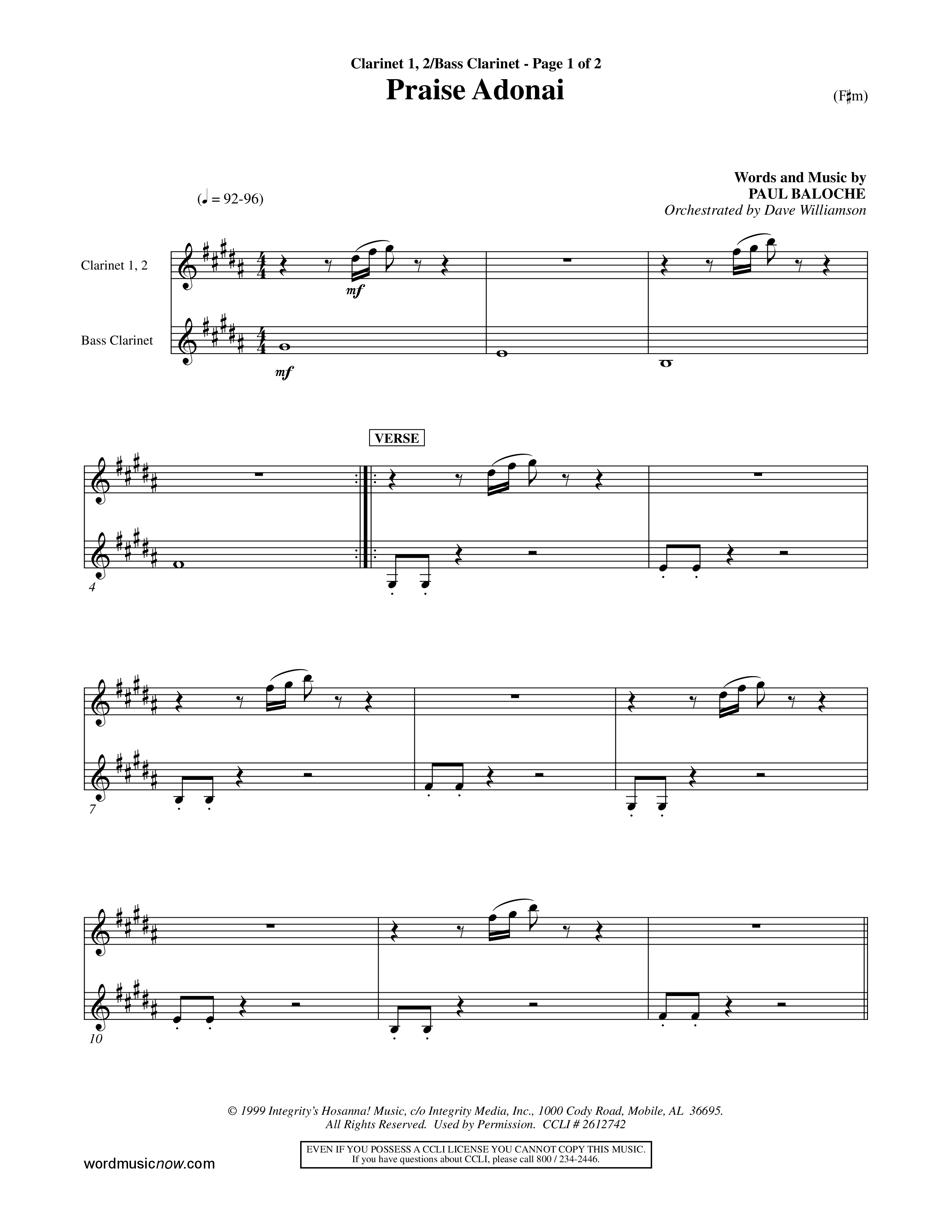 Praise Adonai (Choral Anthem SATB) Clarinet (Word Music Choral / Orch. Dave Williamson)
