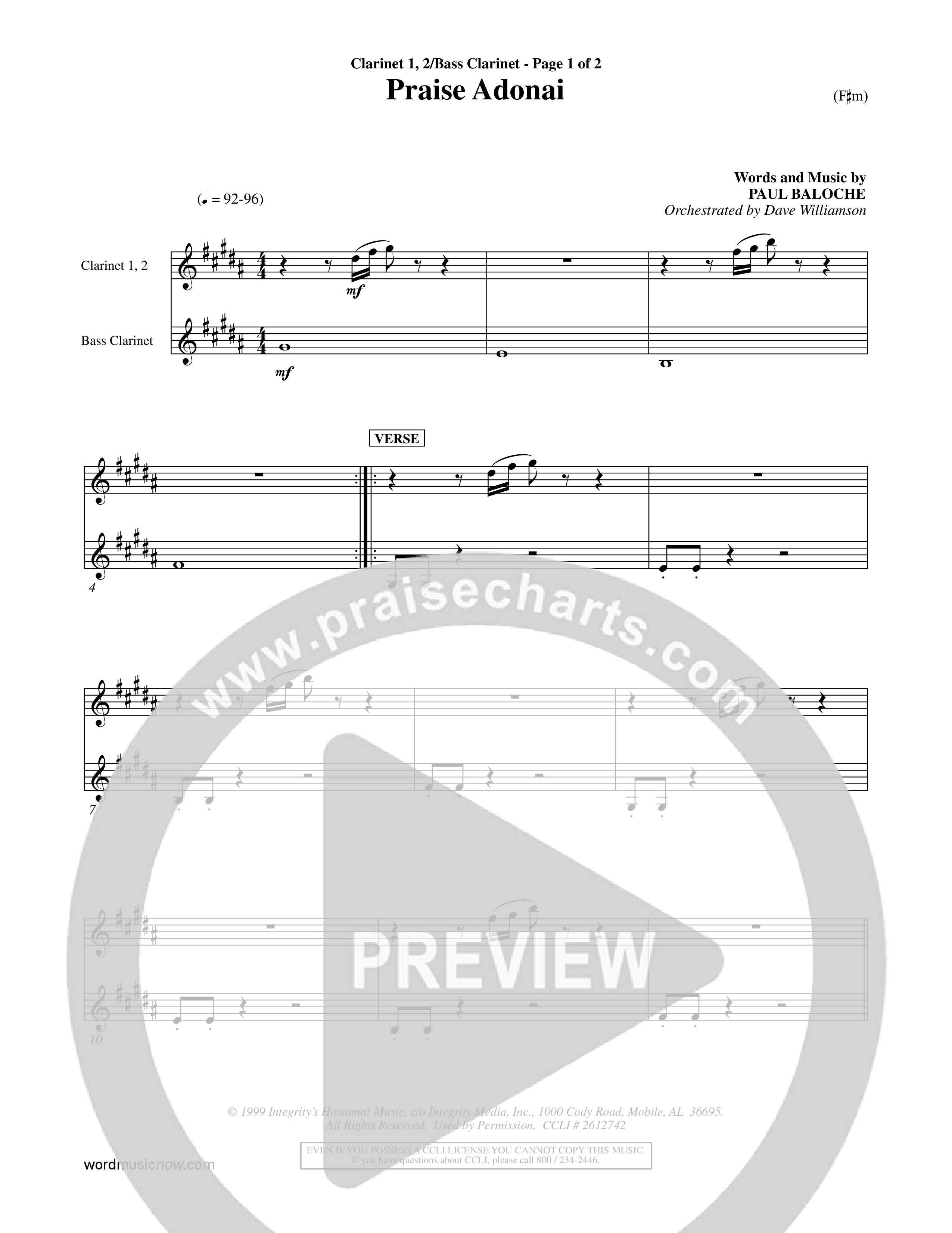 Praise Adonai (Choral Anthem SATB) Clarinet (Word Music Choral / Orch. Dave Williamson)