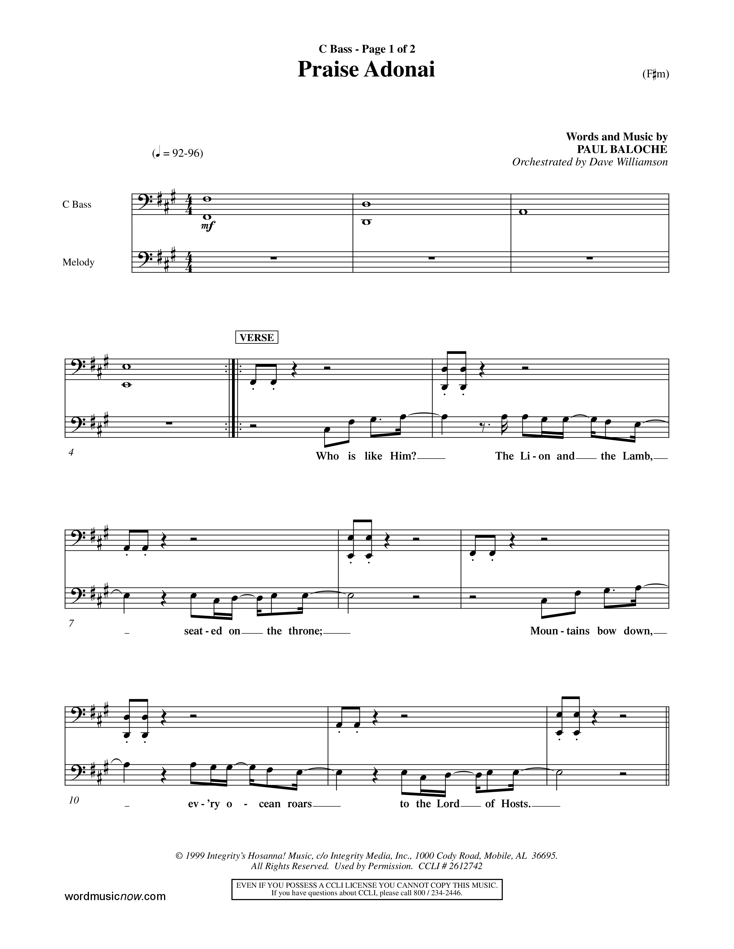 Praise Adonai (Choral Anthem SATB) Contrabass (Word Music Choral / Orch. Dave Williamson)