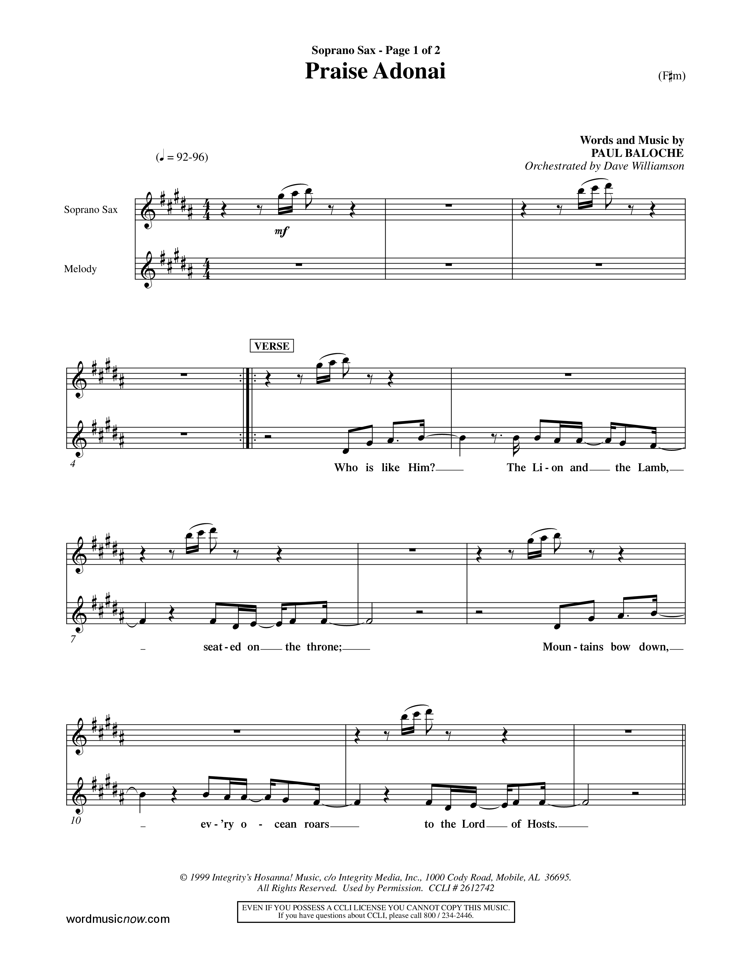 Praise Adonai (Choral Anthem SATB) Saxophone (Word Music Choral / Orch. Dave Williamson)