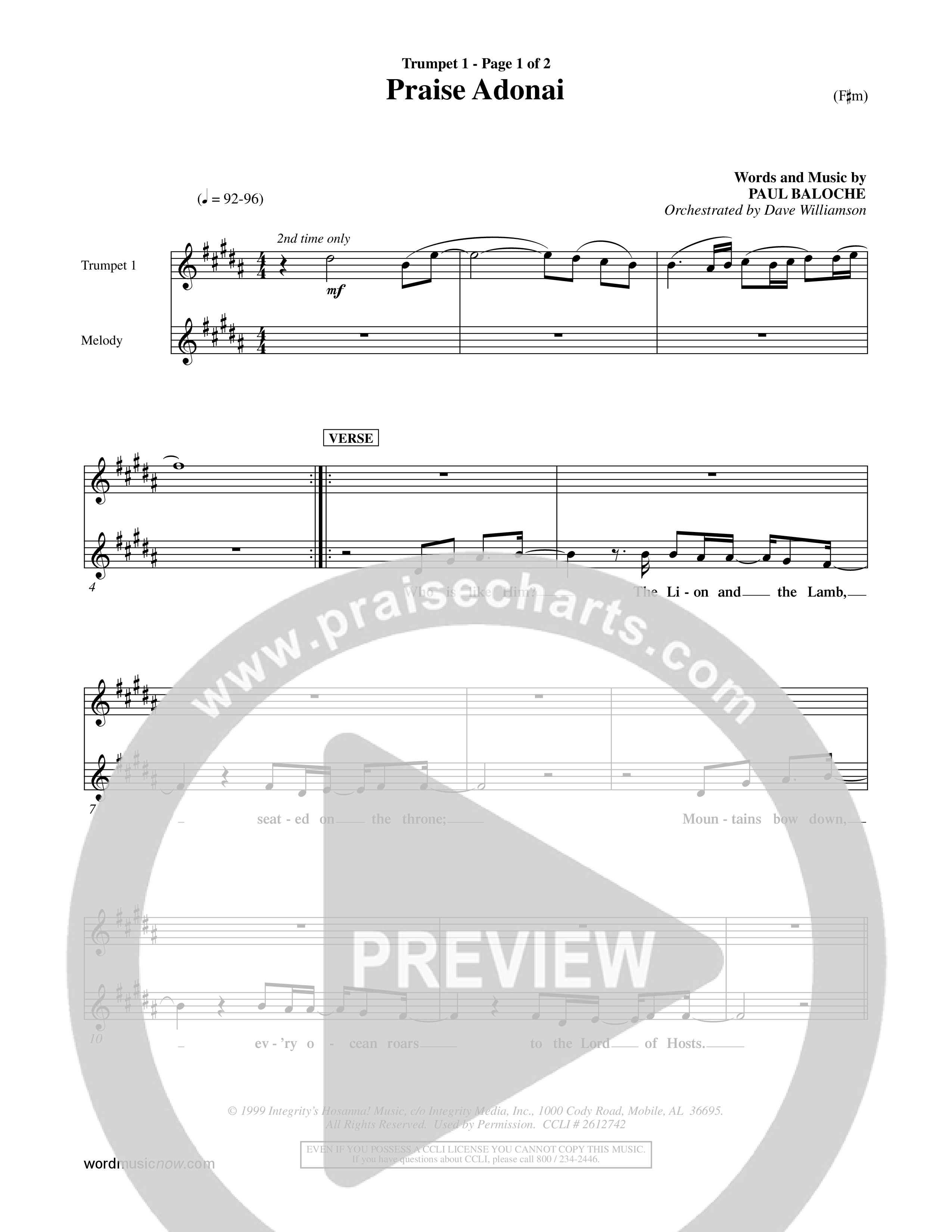 Praise Adonai (Choral Anthem SATB) Trumpet 1 (Word Music Choral / Orch. Dave Williamson)