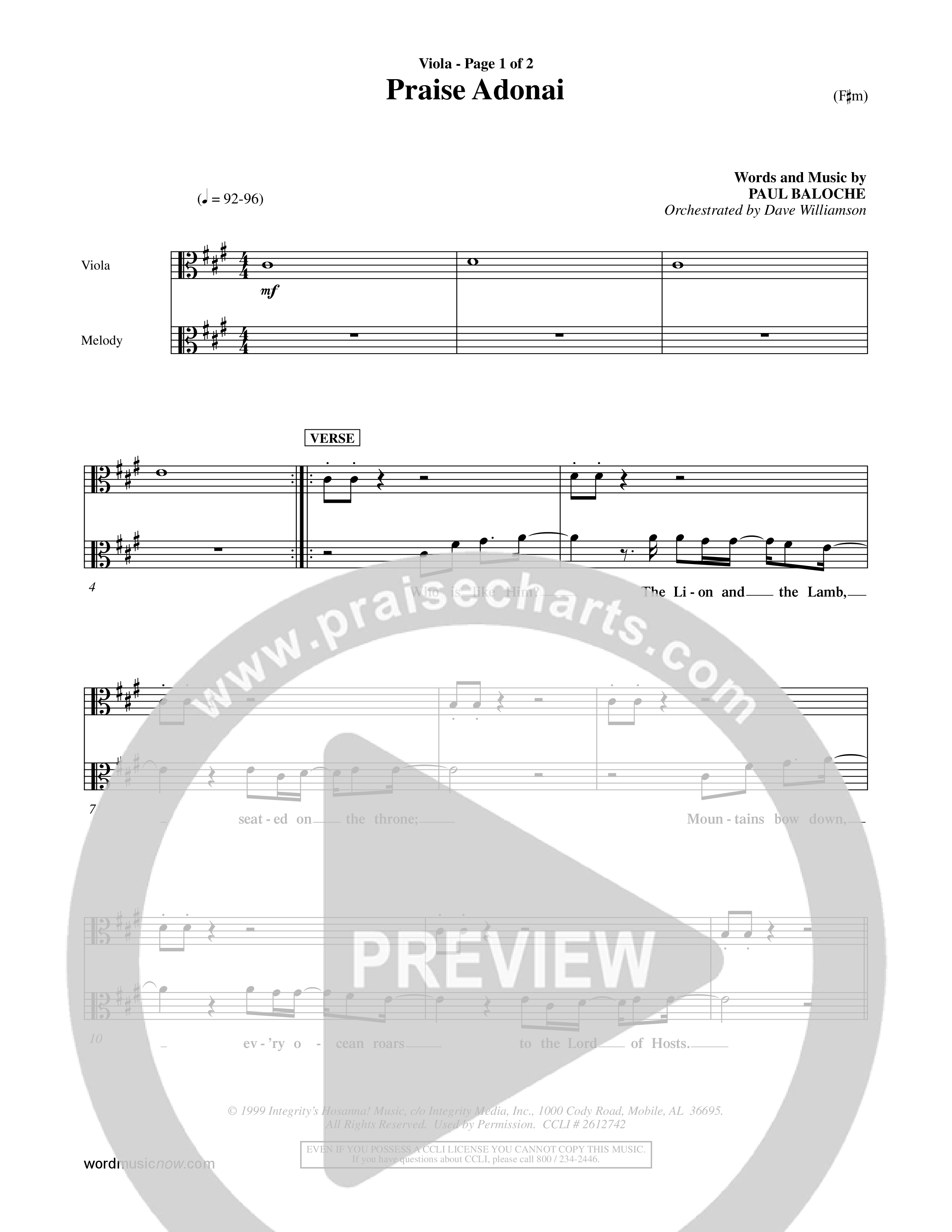 Praise Adonai (Choral Anthem SATB) Viola (Word Music Choral / Orch. Dave Williamson)