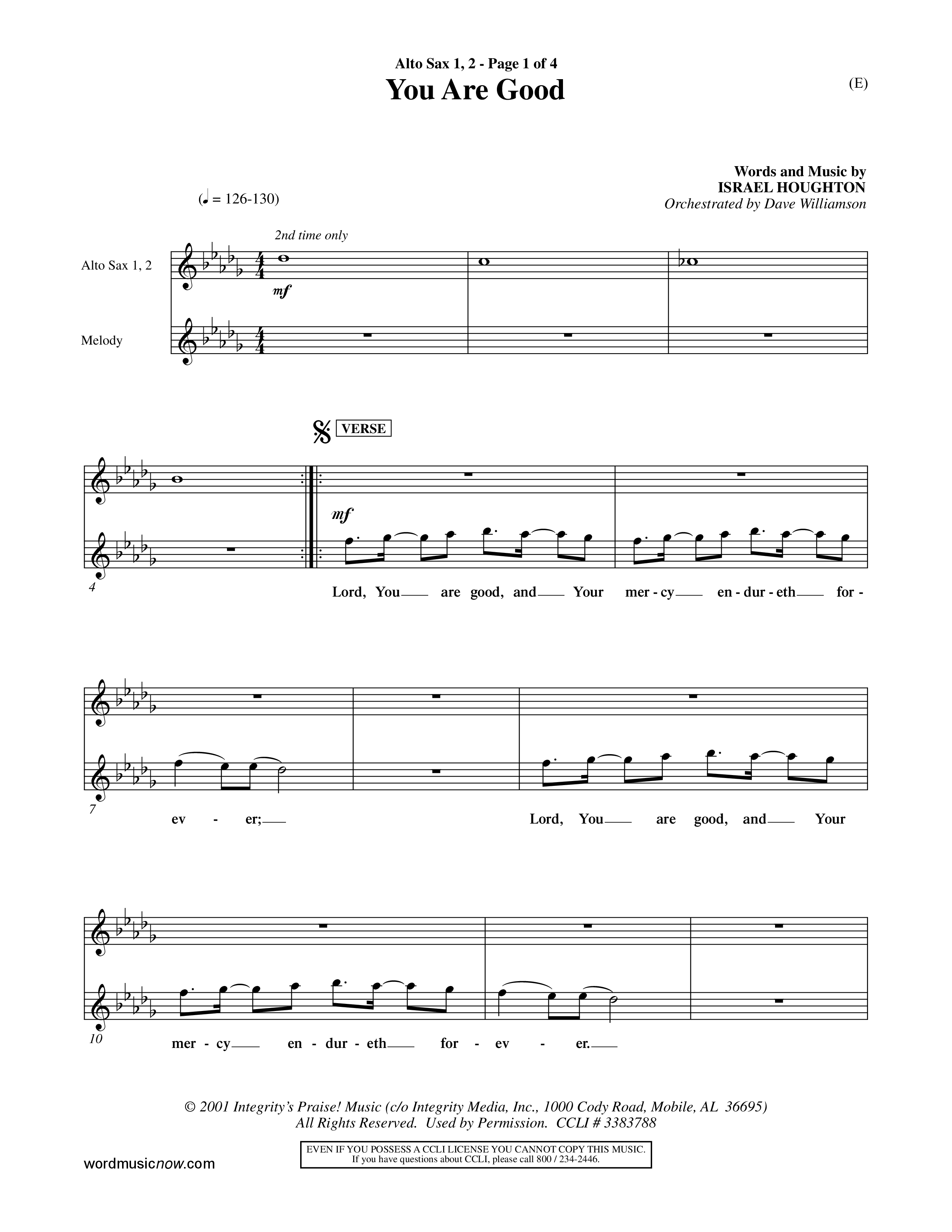 You Are Good (Choral Anthem SATB) Alto Sax 1/2 (Word Music Choral / Orch. Dave Williamson)