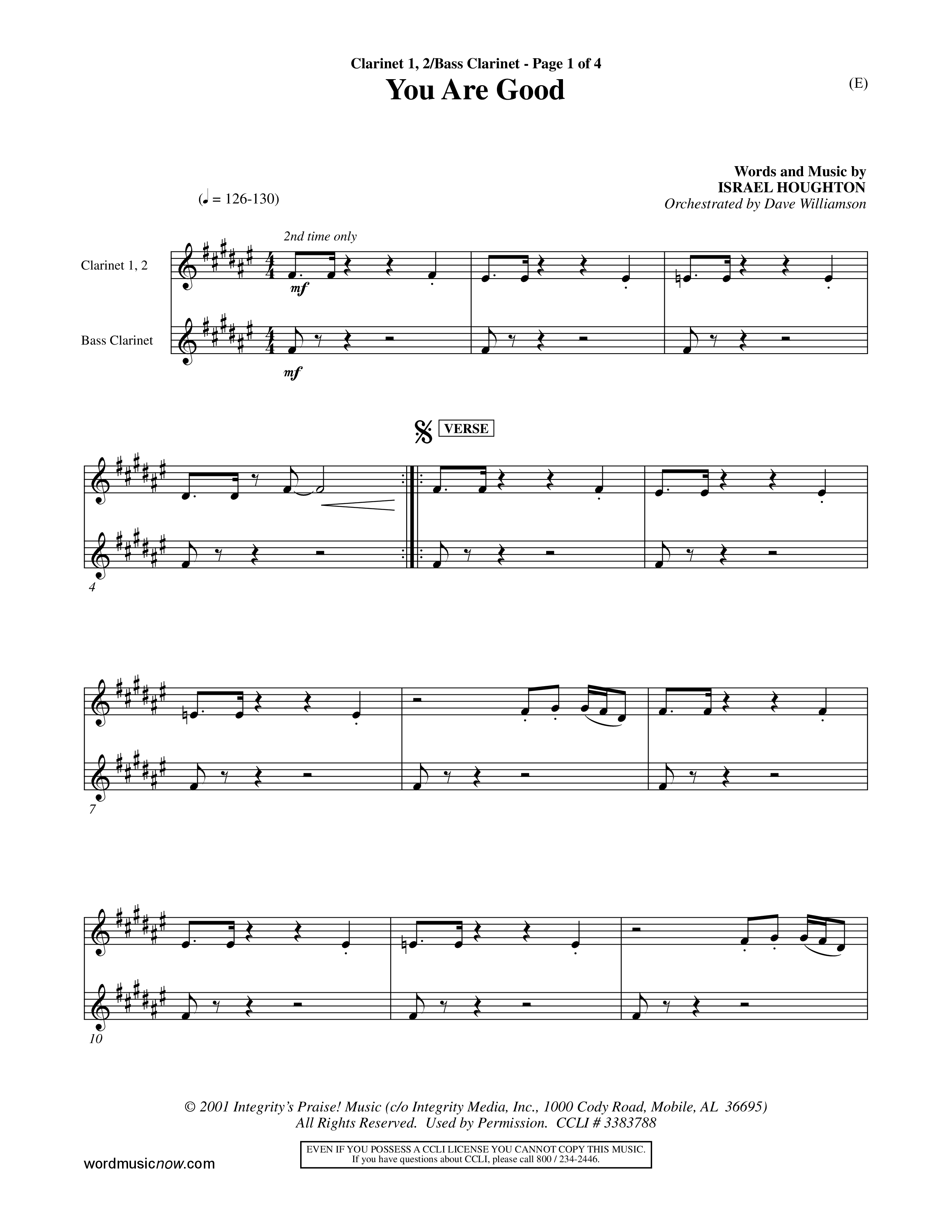 You Are Good (Choral Anthem SATB) Clarinet 1/2, Bass Clarinet (Word Music Choral / Orch. Dave Williamson)