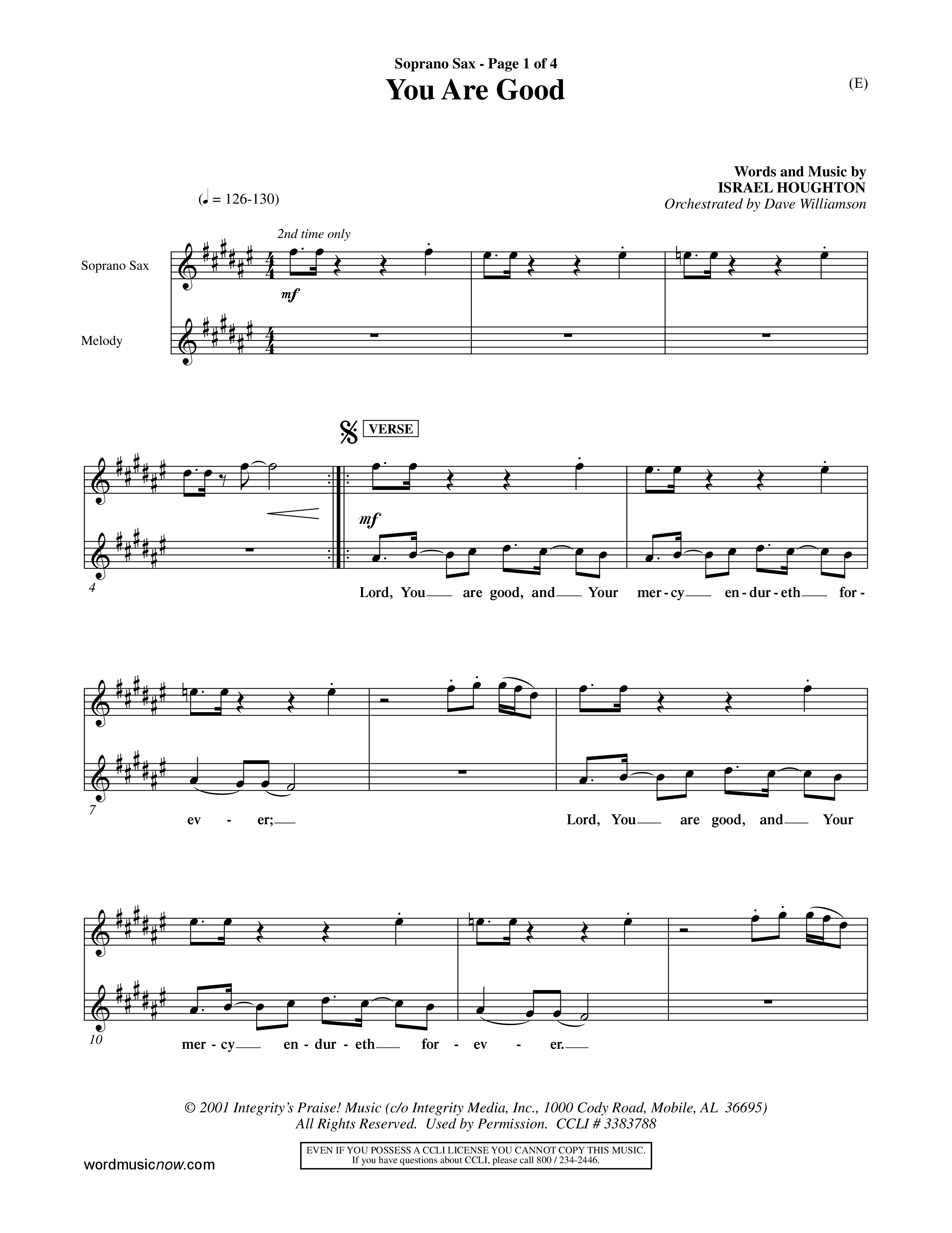 You Are Good (Choral Anthem SATB) Saxophone (Word Music Choral / Orch. Dave Williamson)