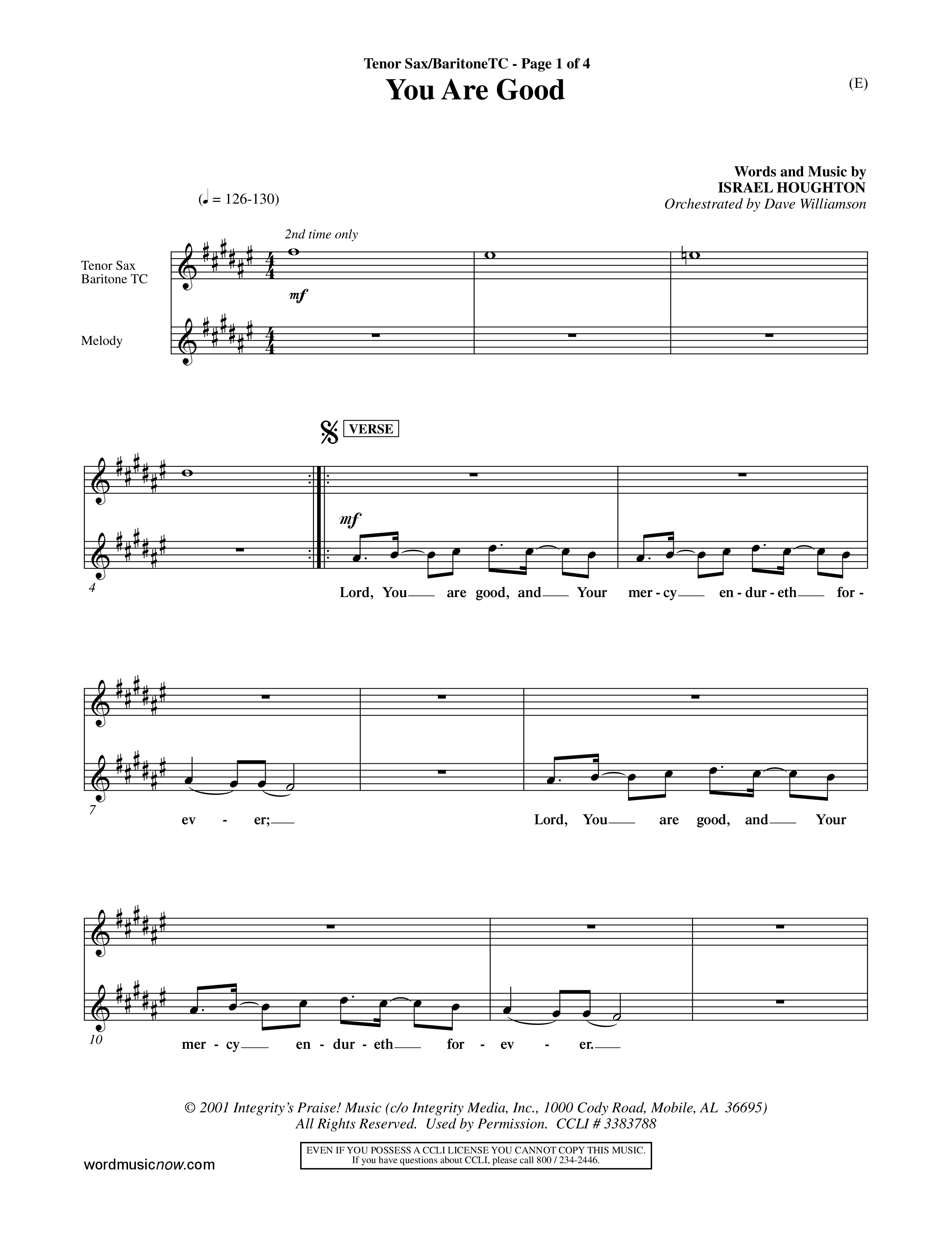 You Are Good (Choral Anthem SATB) Tenor Sax/Baritone T.C. (Word Music Choral / Orch. Dave Williamson)