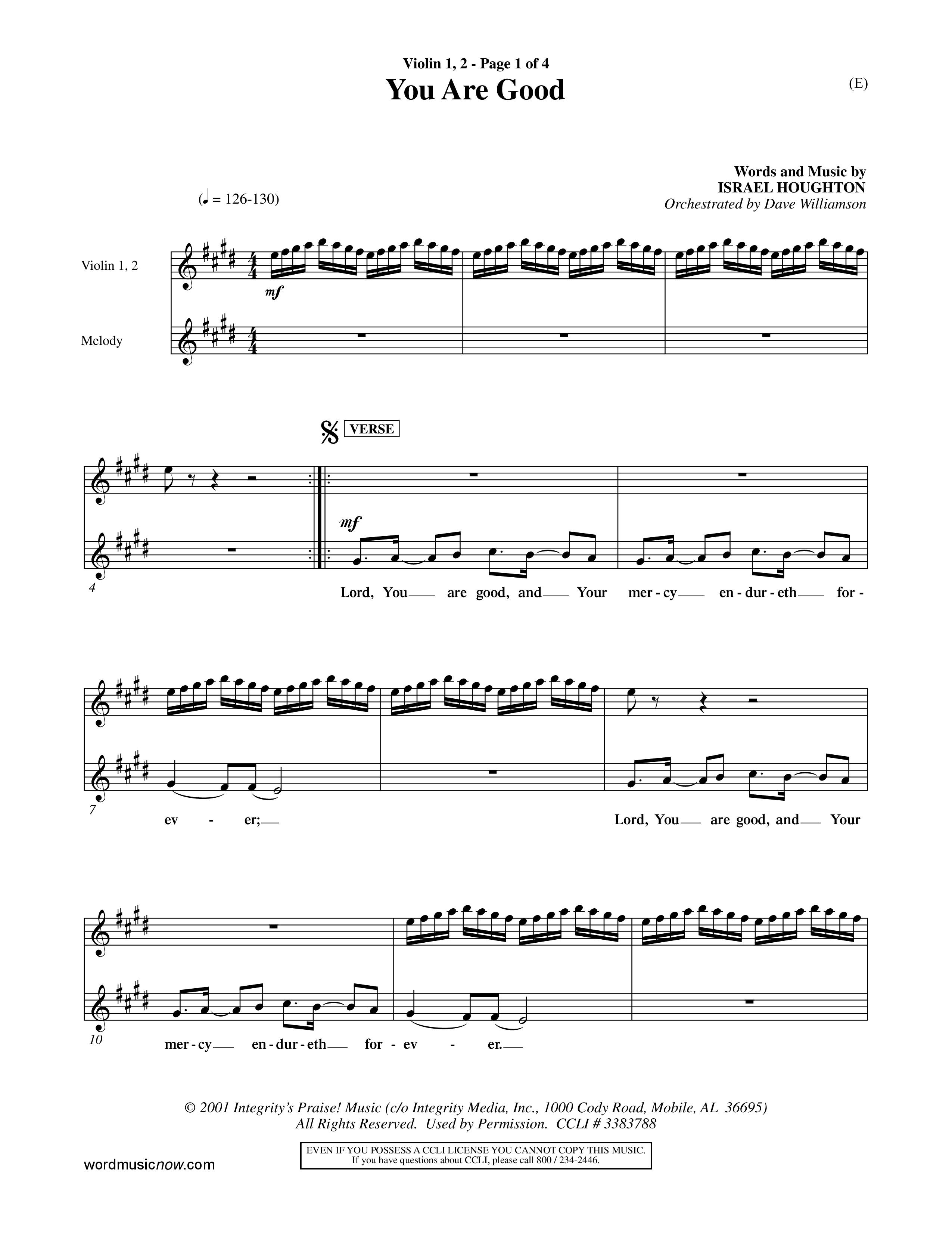 You Are Good (Choral Anthem SATB) Violin 1/2 (Word Music Choral / Orch. Dave Williamson)
