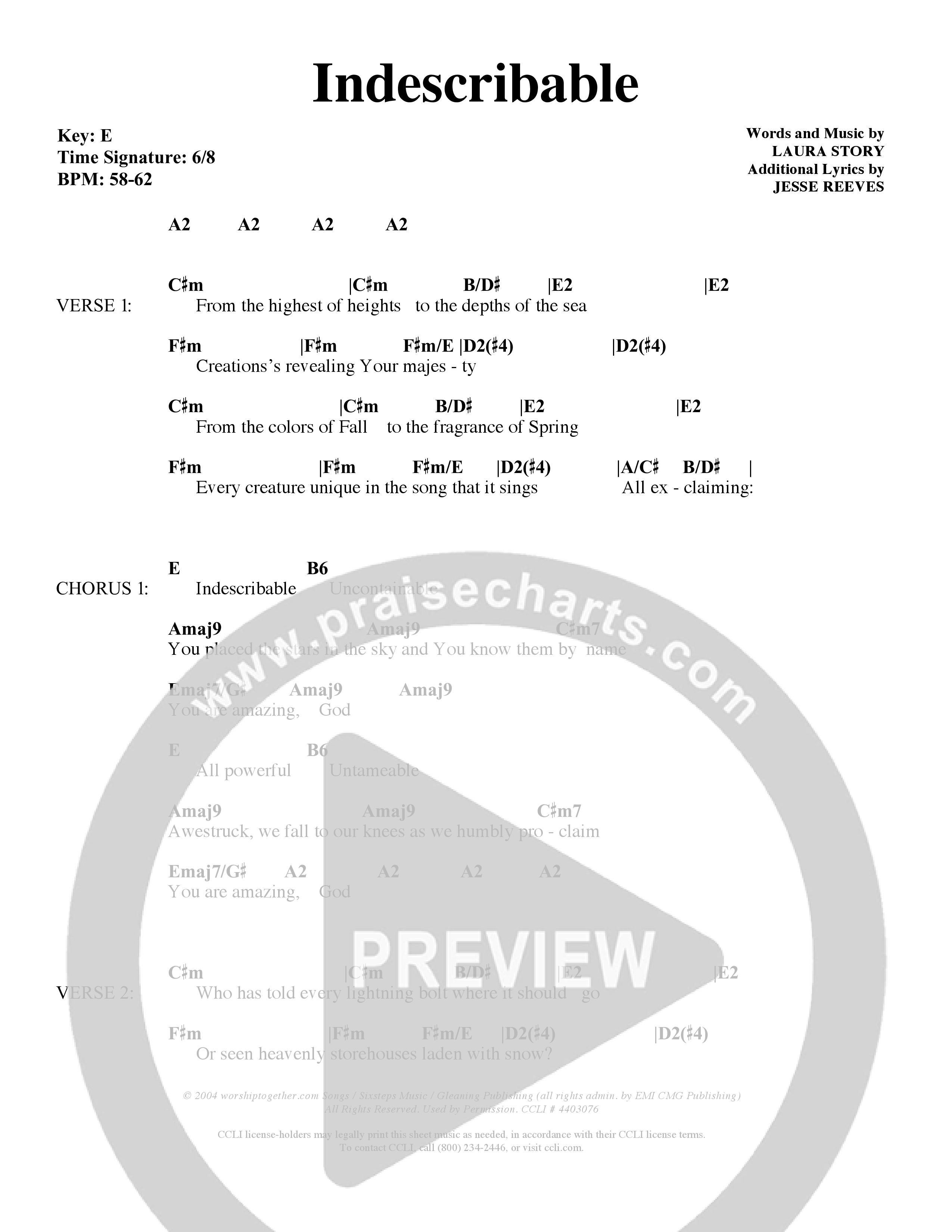 Indescribable (Choral Anthem SATB) Chords & Lyrics (Word Music Choral / Orch. Jim Gray)