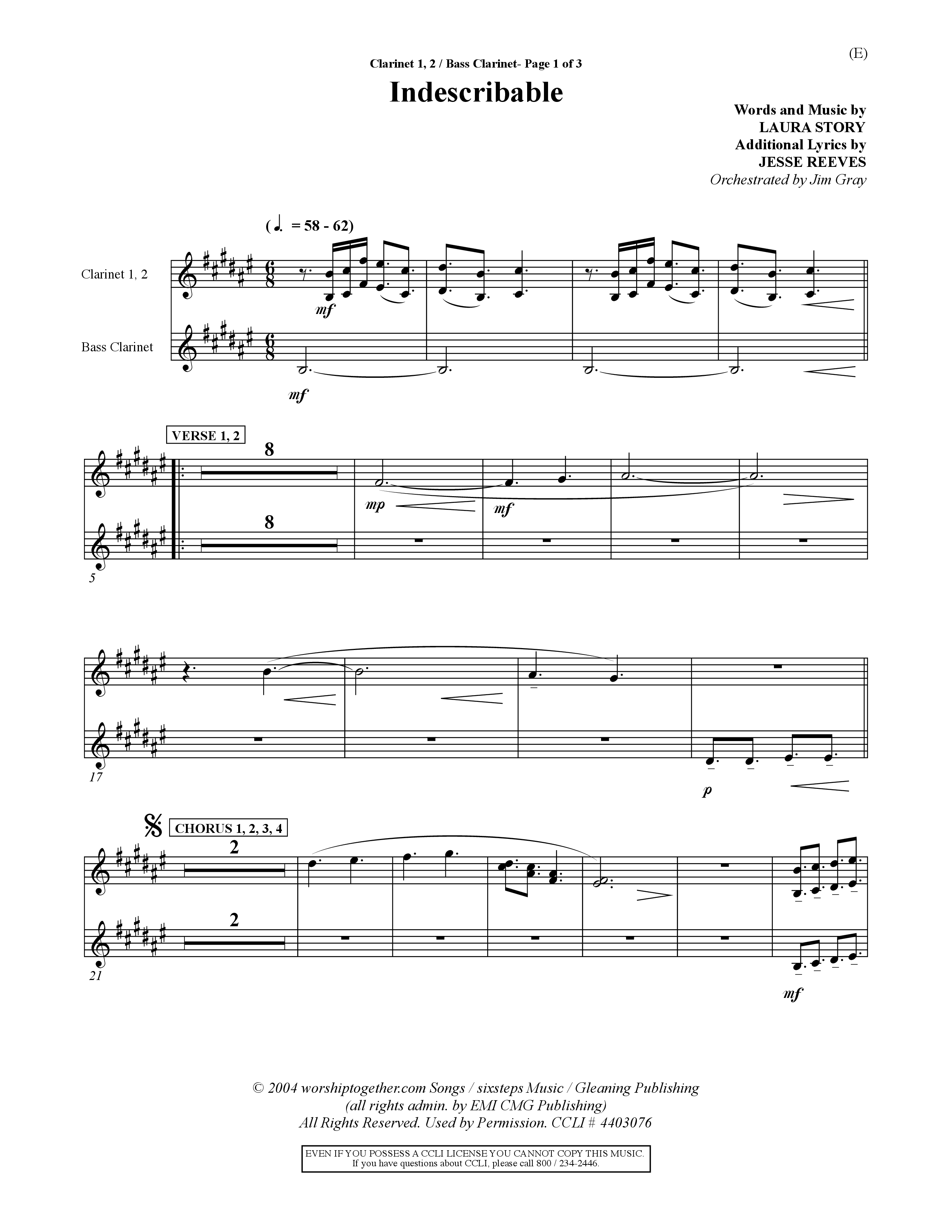 Indescribable (Choral Anthem SATB) Clarinet (Word Music Choral / Orch. Jim Gray)