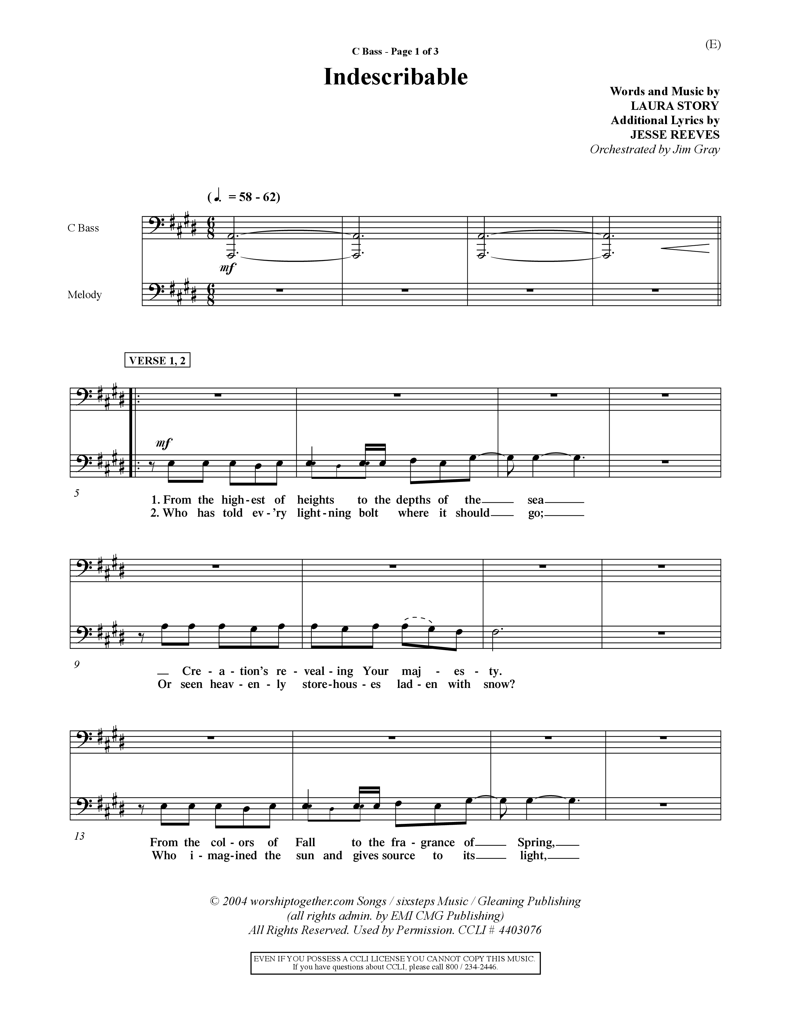 Indescribable (Choral Anthem SATB) Contrabass (Word Music Choral / Orch. Jim Gray)