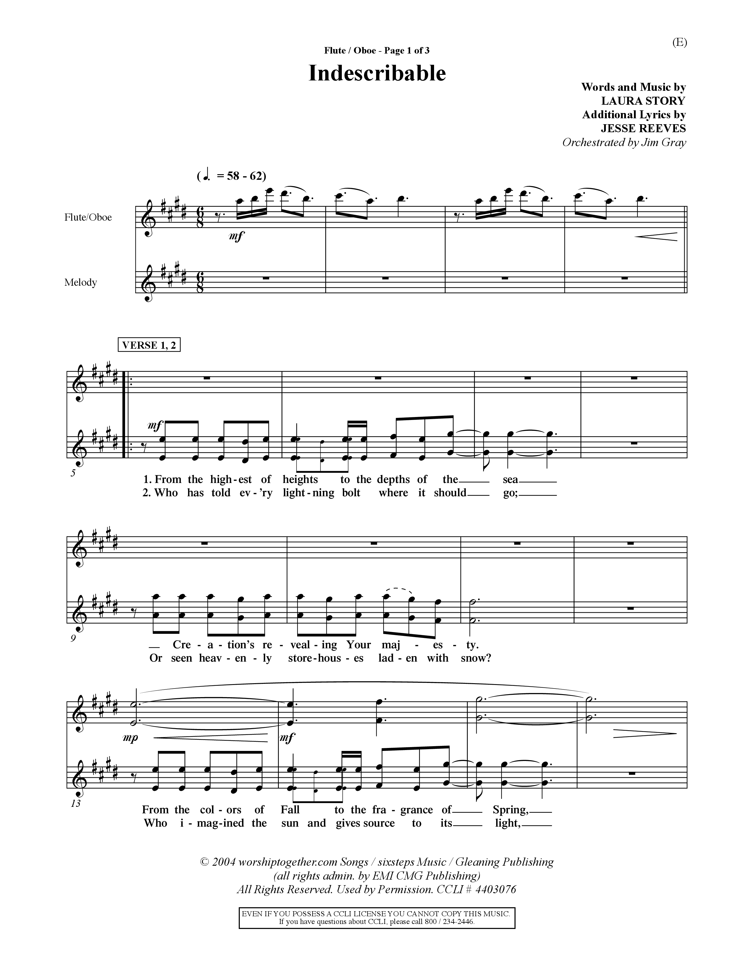 Indescribable (Choral Anthem SATB) Flute/Oboe (Word Music Choral / Orch. Jim Gray)